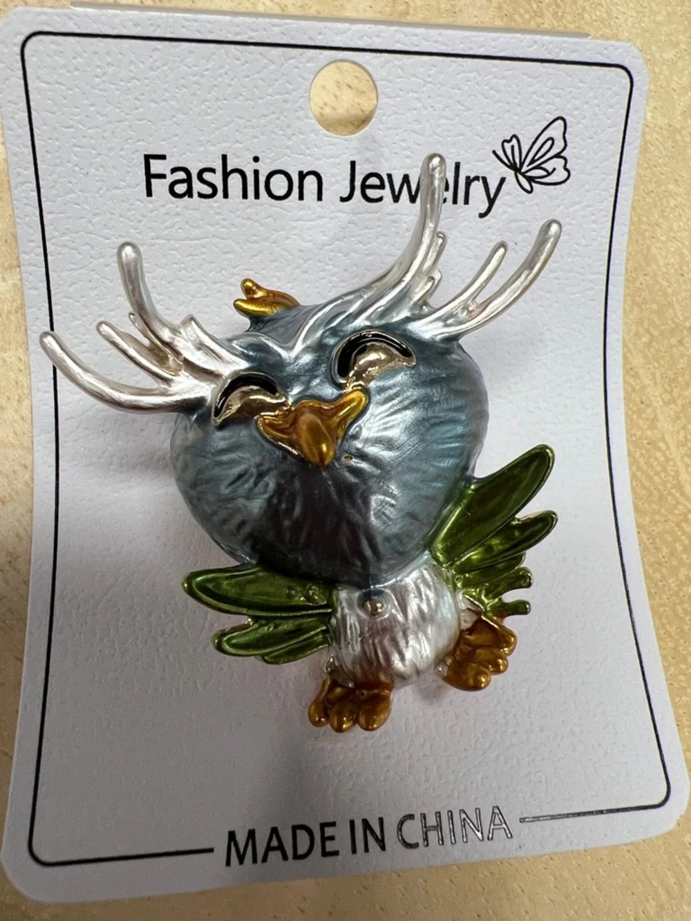 3/$18 Fashion Jewelry Green & Silver Owl Brooch - Unbranded Lot 7021